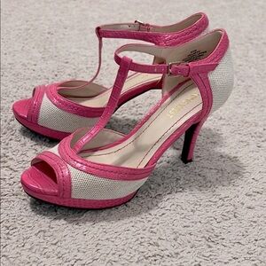 Nine West Pink and Cream T-Strap Heels